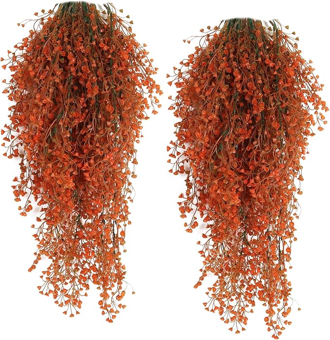 RECUTMS Fall Artificial Hanging Plants 4 Pcs Autumn Fake Ferns Artificial Plants Large Faux Hanging Plant Wall Thanksgiving Room Home Garden Wedding Party Indoor Outdoor Decor(Fall Orange)