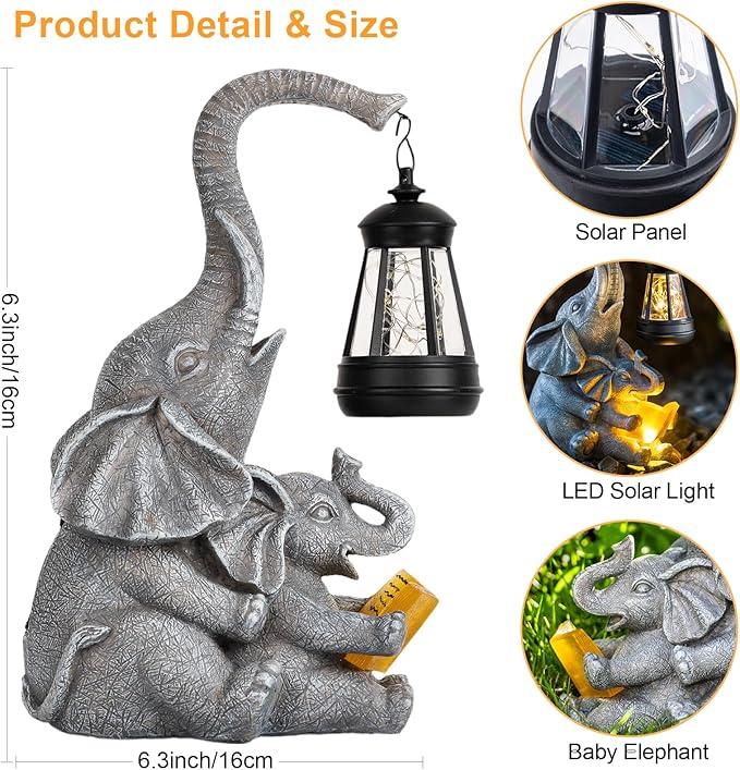 Solar Garden Statue Lights Loving Elephants Figurine with Solar Lantern, Outdoor Yard Decorations for Patio Porch Home, Housewarming Elephant Gifts for Mom, Women