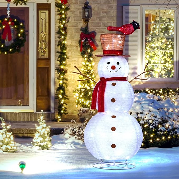4FT Lighted Snowman Outdoor Christmas Decorations, Pop-Up Christmas Décor with Build-in 100 LED Lights, Collapsible Snowman with Top-Hat Scarf, Decoration for Porch Lawn Entryway