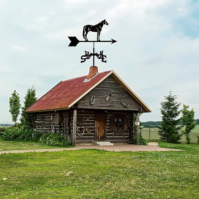 Weathervane Cast Iron Horse Wind Direction Indicator with Roof Mount Metal Decorations Wind Direction Indicator for Outdoor Roof Farm Yard