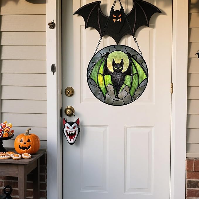 Stained Glass Window Hanging - Halloween Black Bat Green Wings Monster Suncatcher for Doors Garden Home Spooky Sun Catchers Gothic Decor Horror Gift for Women Men Friend Boy Girl 7.8 in