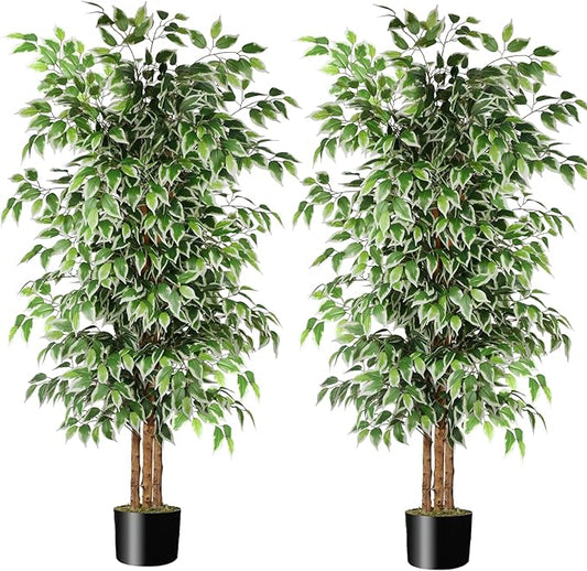 GTIDEA 2 Pcs 6ft Ficus Artificial Trees, Tall Faux Trees Indoor with Natural Trunk and Fake Silk Tree Fake Plants for Home Winter Decor Living Room Outdoor Balcony House Office (Included Dried Moss)