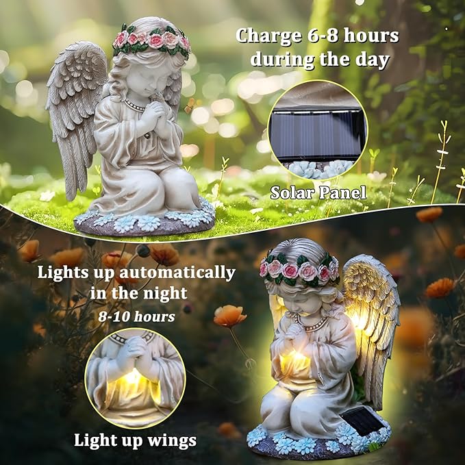 Choies Oudoor Angel Staue,Solar Garden Angel Statue and Figurines,Outdoor Praying Sculpture Decoration for Outside,Home,Patio,Yard,Cemetery