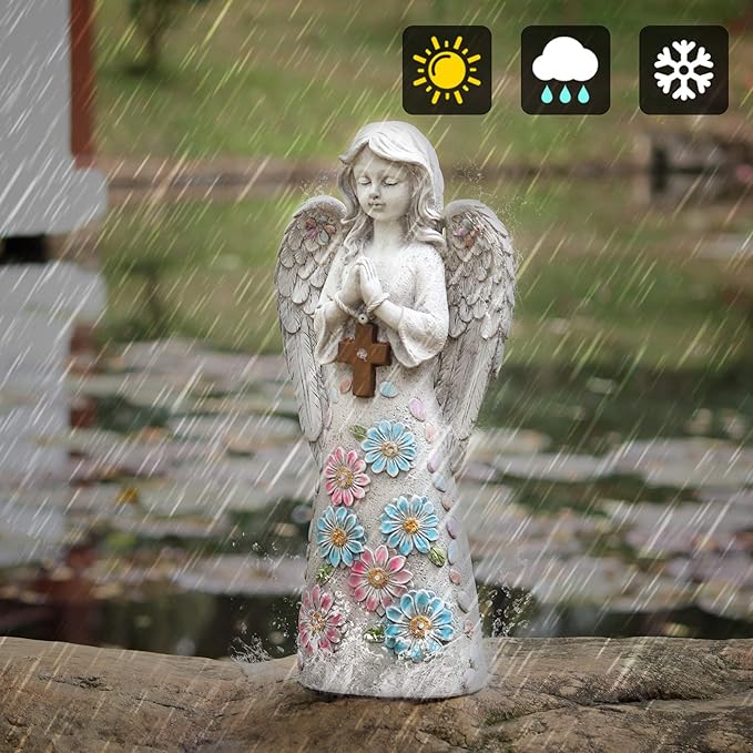 Angel Garden Statue Outdoor Figurine, Solar Powered Garden Sculpture with 6 LEDs Resin Praying Angel Decor for Patio Lawn Yard Porch Decoration Christmas Birthday Housewarming Present 13.2” H