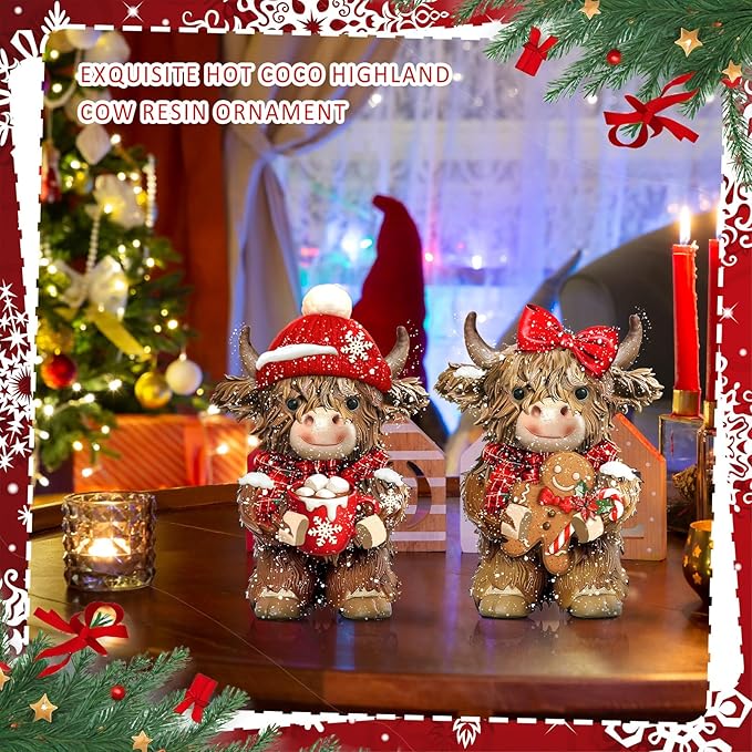 2 Pcs Christmas Highland Cow Figurines Decor Cow Gnomes with Santa Hat Christmas Resin Statue Calf Lovers Gifts for Farmhouse Home Garden Bathroom Kitchen Office Tiered Tray Table Decor