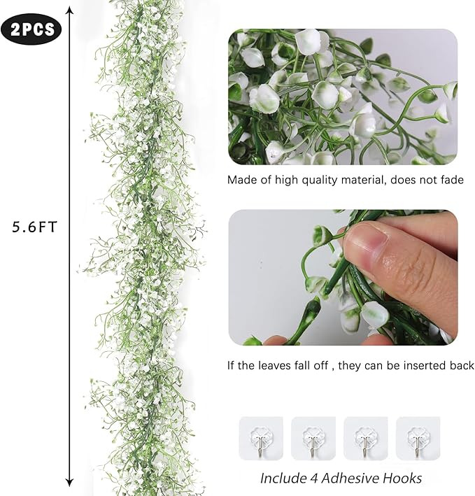 RECUTMS Artificial Hanging Plant 2Pcs 5.6Ft Fake Garland Plant Greenery Faux Ferns Leaves Ivy Garland for Home Indoor Outdoor Wedding Farmhouse Mantle Table Centerpiece Party Garden Decor(White)