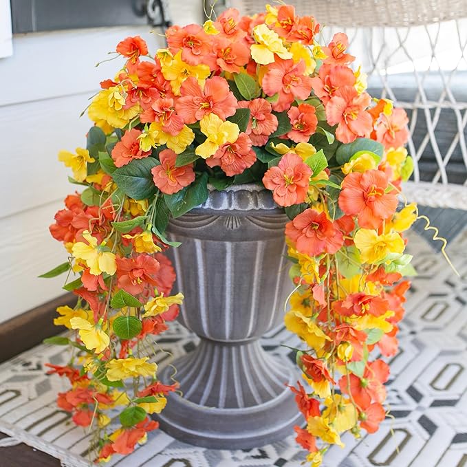 Artificial Hibiscus Fake Hanging Flowers Plants for Outdoors Fall Autumn Decoration, 2pcs Silk Hibiscus Trailing Vines UV Resistant Realistic Faux Flowers for Outside Front Door Porch Yard Indoor, Mix