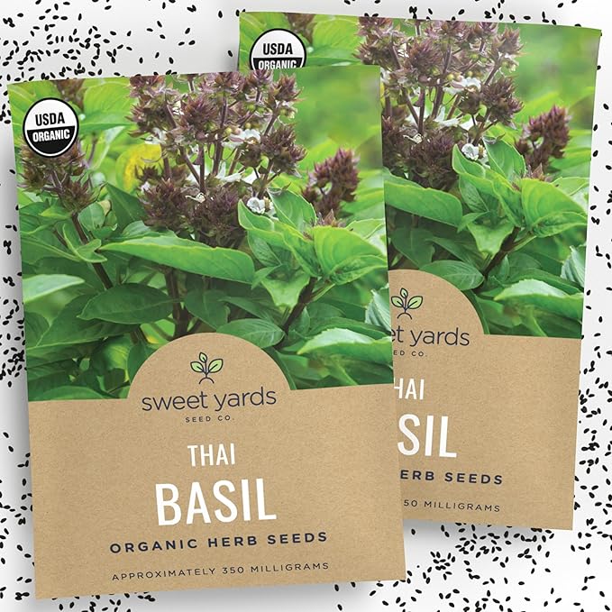 Organic Thai Basil Seeds – Seed Packet of Over 650 Open Pollinated Non-GMO Seeds – Sweet Yards Seed Co.