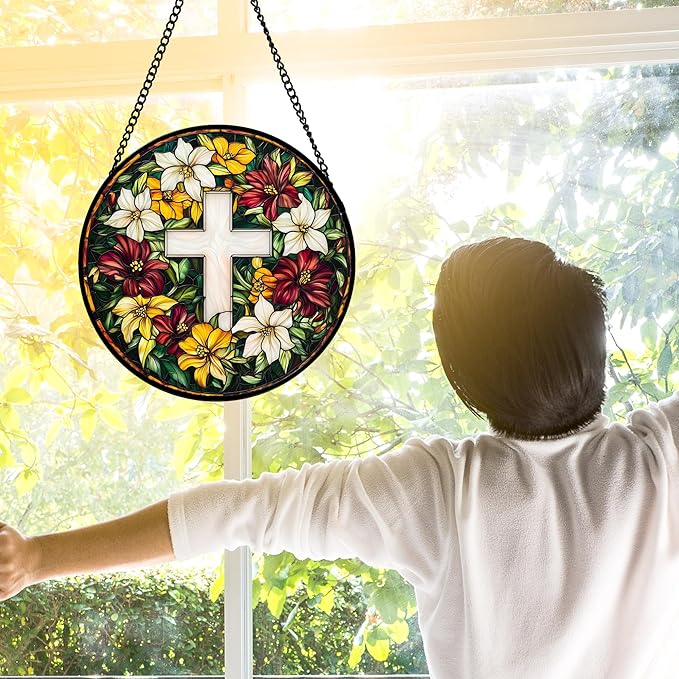 Stained Glass Window Hanging, Cross Flowers Sun Catchers Colorful Glass Panel Christianity Suncatcher Decor for Birthday for Women, Men, Wife, Aunt, and Mom 7.8 in