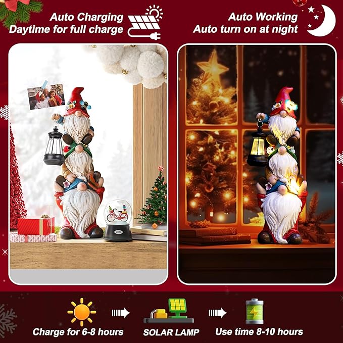 Christmas Gnome Statue with Solar Lights Garden Sculptures Funny Triple Gnome Outdoor Patio Lawn Yard Balcony Home Decor Birthday Gift for Woman Grandma 12 in Garden Gnome