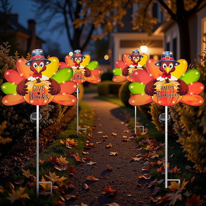 Hexagram Thanksgiving Decorations Outdoor, Solar Turkey Garden Stake Lights, 41 Inches Metal Turkey Give Thanks Decorations, Happy Thanksgiving Outdoor Decor Lights for Outside Yard Lawn Pathway
