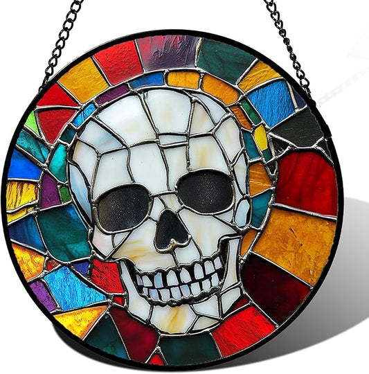 Stained Glass Window Hanging Halloween Horror White Skull Large 11.8" - Suncatcher Door Garden Kitchen Sun Catcher Home Gothic Decor Birthday for Mom Men Woman Friend Grandma