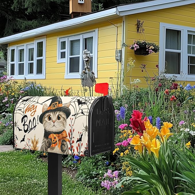 Hey Boo Cat Mail Box Covers Halloween Mailbox Cover Spider Web Pumpkin Mailbox Wraps Magnetic Standard Size 21x18 inch Decorative Mailboxes for Outside Farmhouse Garden Decor