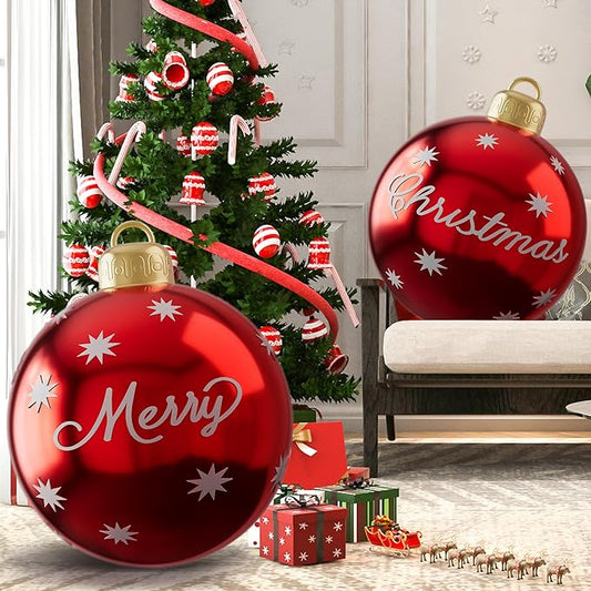 24 Inch Christmas Inflatable Balls, 2 Pcs Outdoor Decorative PVC Ball, Xmas Blow Up Jumbo Ball for Indoor, Giant Ornaments Outside Holiday Yard Lawn Decor (Merry Christmas)
