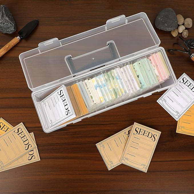 Kokone Plastic Clear Seed Storage Organizer Box with Handle, Portable Seed Bin with Lock, Transparent Seed Saving Box with Lid, Seed Container Seed Packet Storage Organizer