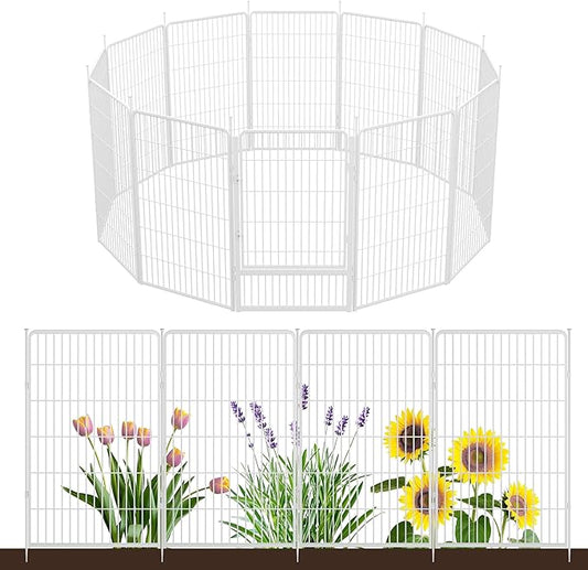SunsGrove Tall Garden Fence with Gate, 45 in(H) x 26.8 ft(L) 12 Panels Heavy Duty Metal Animal Barrier Fence for Yard, Suitable for Indoor or Outdoor Dog Pet Fence, Garden Fence Border, White