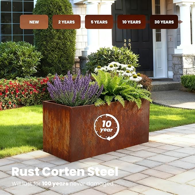 Corten Steel Planter Box Metal Outdoor Large Rectangular Rustic Durable Antique Detached for Commercial Residential Patio Deck and Backyard 36" x 12" x 16"