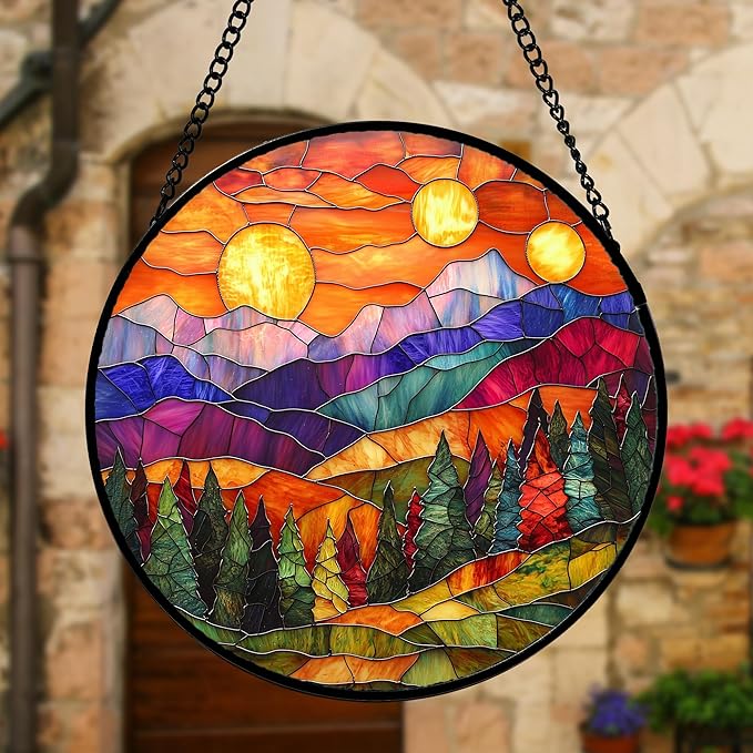 Stained Glass Window Hanging, Sunset Abstract Sun Catchers Colorful Glass Panel Landscape Suncatcher Decor for Birthday for Women, Men, Wife, Aunt, and Mom 6.3 in
