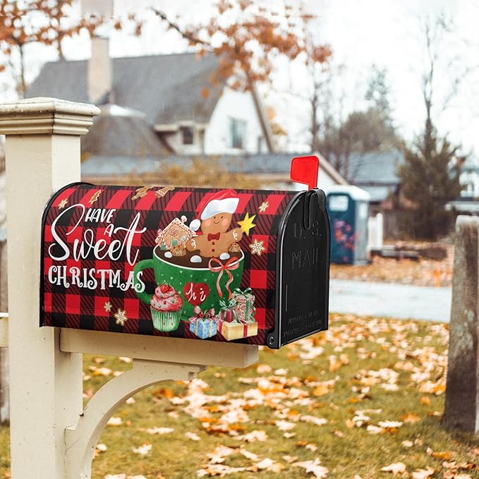 25.5"x21" Gingerbread Mailbox Cover Magnetic Large Size Have A Sweet Christmas Cookies Mailbox Wrap Post Cover with Red Black Buffalo Plaids for Yard Garden Outside Holiday Decor