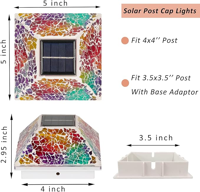 SUNNYPARK 2PK Mosaic Solar Post Cap Lights Outdoor for 4x4, 3.5x3.5 Post Crackled Glass Deck Fence Lamp Weatherproof LED Light Decor in Garden, Yard, Outdoor Table, Balcony, Landscape- Multi-Colored
