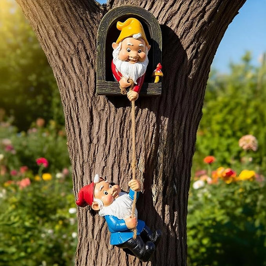 Teaeeno Gnome Garden Decoration Climbing Tree Decor Outdoor, Fairy Door Tree Face Figurine Lawn Patio Decor, Funny Climbing Elves Tree Peeker Sculpture Yard Art
