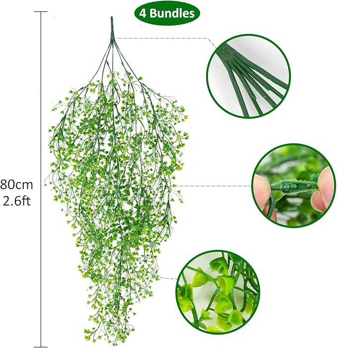 RECUTMS 4 Pcs Fake Hanging Plants Artificial Plants & Flowers Plants for Bedroom Decor Hanging Plants Artificial Decor Fake Vines Outdoor Decor （Green）