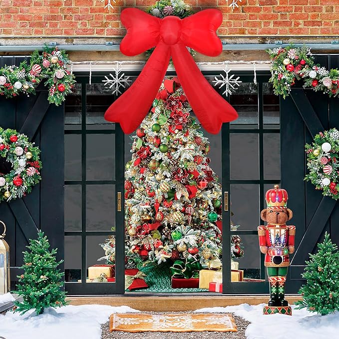 Christmas Inflatables Giant Red Bow Lighted Balcony Terrace Porch Yard Lawn Inflatable Decoration with Built-in Fan and Ropes Holiday Party Decor, Christmas Decor (7FT-Red Bow)
