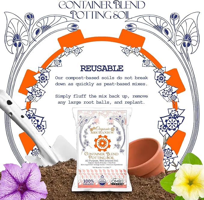 Organic Mechanics Container Blend Potting Soil, 1 Cu Ft - All-Purpose, Peat-Free, Well-Drained Blend with Compost, Rice Hulls, and Worm Castings for Growing Annuals, Perennials, Woody Plants