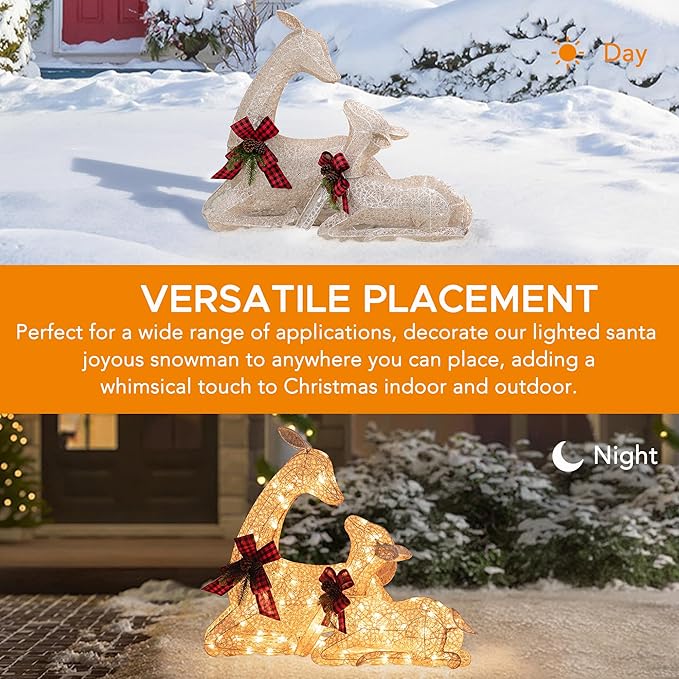 SUNJOY Large 2-Piece Christmas Lighted Lying Deer, 3D Tinsel Santa Lying Deer Outdoor Garden Yard Lawn Festive Holiday Decoration with Lights for Indoor & Outdoor