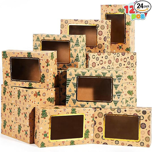 JOYIN 24 PCS Foiled Christmas Cookie Boxes for Gift Giving, 8.75" x 5.75" x 2.75” Bakery Boxes with Window, 3 Design Brown Kraft Cardboard Treat Box for Xmas Holiday Pastries Cupcakes Doughnut Wrap