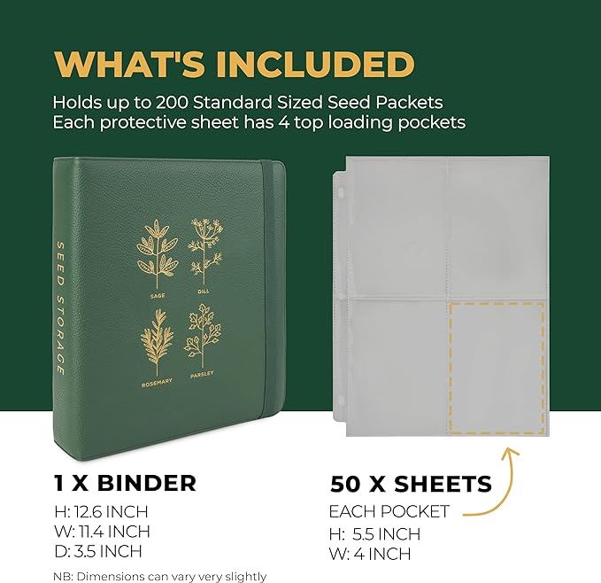 Seed Storage Organizer Binder - Seed Packet Organizer with 50 Pack Sheet Protectors that stores 200 Seed Envelopes. Seed Storage Binder delivering complete Seed Saving Kit for every Garden Lover.