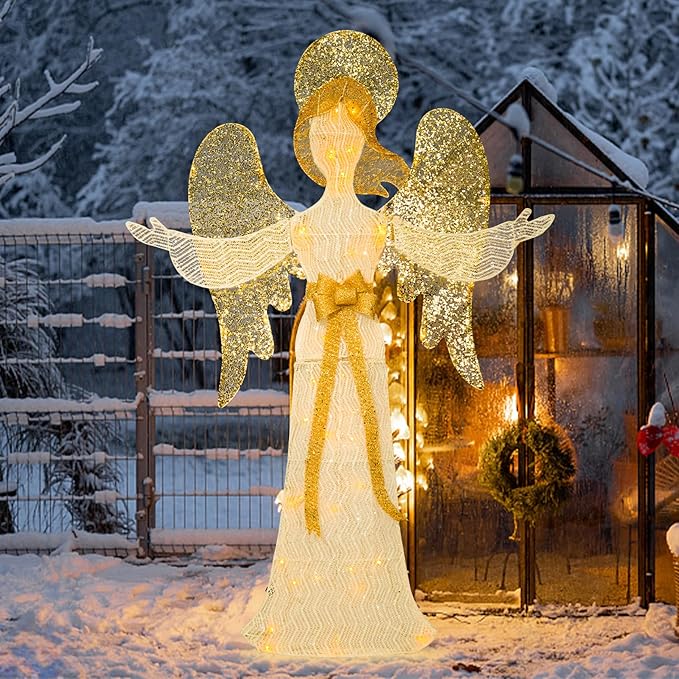 Taman Lighted Christmas Angel, 4 ft Warm Lights Glittered Angel for Outdoor Christmas Holiday Home Lawn Yard Garden Decoration