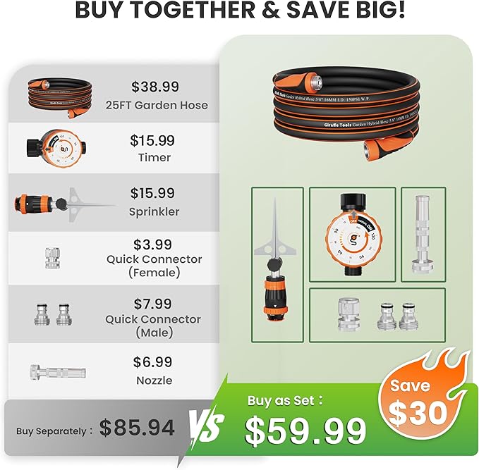 Giraffe Tools Garden Hose 25ft x 5/8", Water Hose Heavy Duty, Flexible with Water Timer Nozzle and Yard Sprinkler, Lightweight Hybrid Hose with Swivel Handle, Male to Female Fittings, Burst 600 PSI