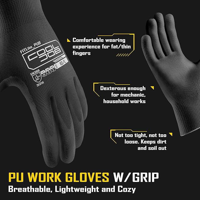 COOLJOB 60 Pairs Safety Work Gloves Pack Bulk with Grip PU Coating, 13 Gauge Seamless Knit Gloves with Polyurethane Dipped for Warehouse Working, Breathable Lightweight for Men Women, Black Xlarge