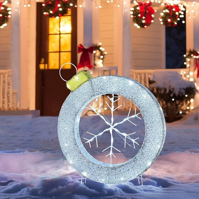 LuxenHome 2Ft Lighted Christmas Wreath, Christmas Outdoor Decorations, Large Wreath with LED Lights, Snowflake Ornament Wreath for Indoor, Lawn, Yard, Garden, Holiday Decor