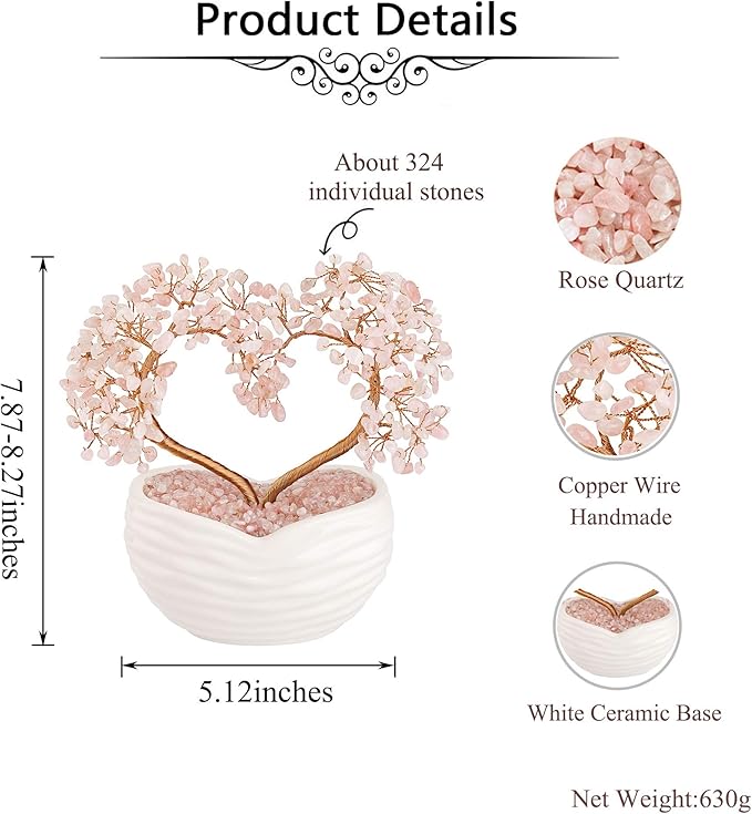 Jovivi Rose Quartz Crystal Heart Money Tree Healing Gemstone Bonsai Tree for Wedding Ceremony Reiki Balancing Energy Meditation Feng Shui Wealth & Good Luck Home Indoor Office Decor 7.87"-8.26"