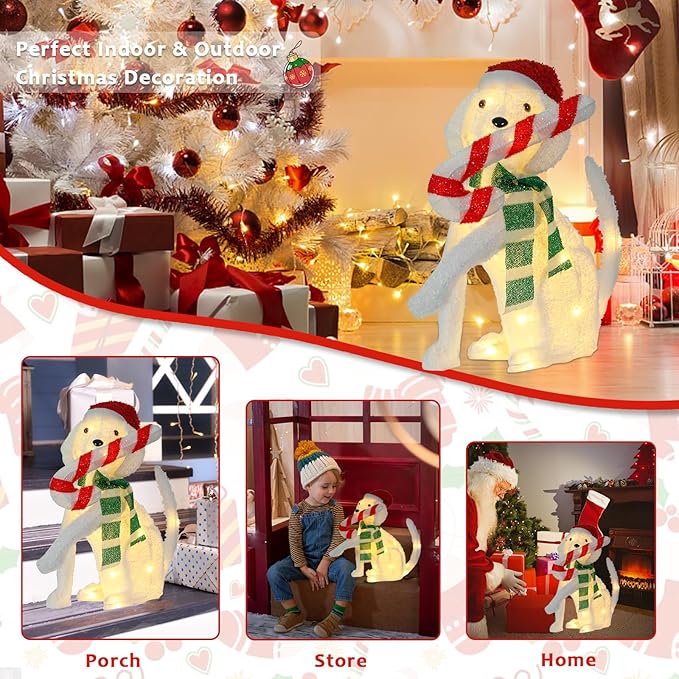 Christmas Lighted Dog Decoration 3D Glittered Fluffy Puppy with Candy Cane Battery Operated Lighted Up Ornament Outdoor Indoor Christmas Decoration for Home Lawn Yard Garden Display