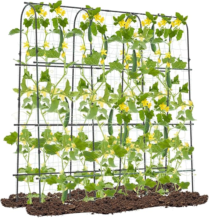 71" x 71" Cucumber Trellis for Raised Bed, Garden Arch Trellis Metal Plant Support Frame with Netting, Sure-Clips & Ground Stakes, U-Shaped Garden Trellis for Climbing Plants Outdoor