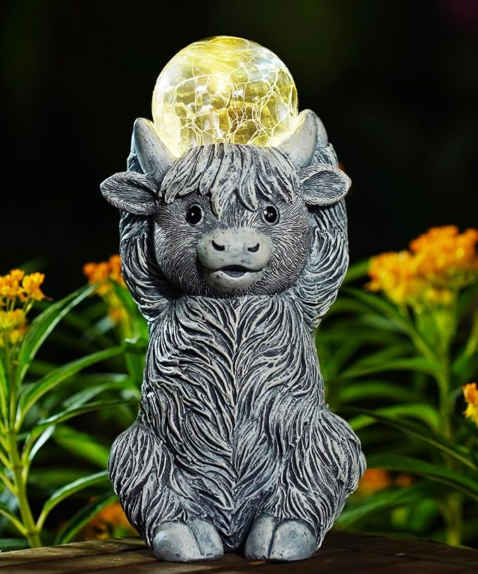Nacome Solar Highland Cow Garden Decor - Outdoor Statues with Bubble Ball Balcony Lown Patio Porch Sculptures Front Yard Art for Outside - Birthday Gifts for Mom Grandma Women(Grey)