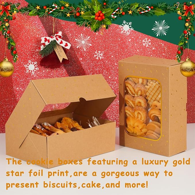 24 Pcs Gold Star Cookie Boxes,Treat Boxes for Dessert 8.25" x 6" x 2.75" with Window, Bakery Brown Pastry Dessert Boxes for Chocolate Strawberries Muffins Donuts and Party Favor