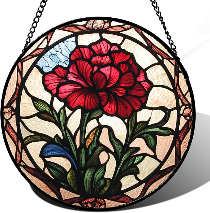 Stained Glass Window Hanging - Red Carnation Birth Flower Sun Catcher for Door Garden Home Decor Suncatcher Christmas Mother's Day Birthday Gifts for Women Men Mom Nana Friend Wife 7.8 in