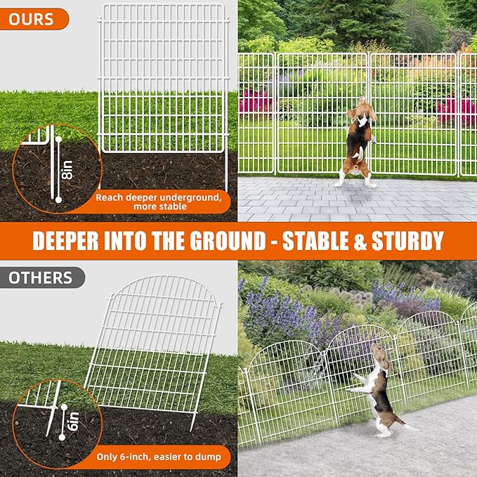 10 Panels No Dig Fence with Gate, 32 in(H) X 24 ft(L) Garden Decorative Fence Animal Barrier for Dogs, Rustproof Metal Garden Edging Border for Outdoor, Yard, Patio, White