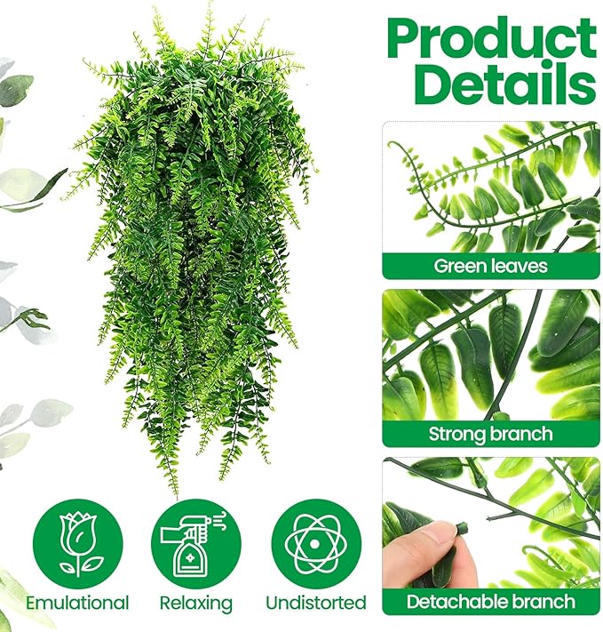 Geosar 110 Pcs Artificial Hanging Plants 32 Inch Hanging Boston Ferns Plastic Fake Plants for Wall Room Garden Wedding Garland Indoor Outdoor Decoration, No Basket