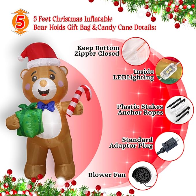 Christmas Inflatables Bear Gift Box Candy Cane Lighted Yard Lawn Inflatable Decoration with Built-in Fan and Stakes Ropes Holiday Party Decor, Christmas Decor (5FT-Bear Holds Giftbox & Candy Cane)