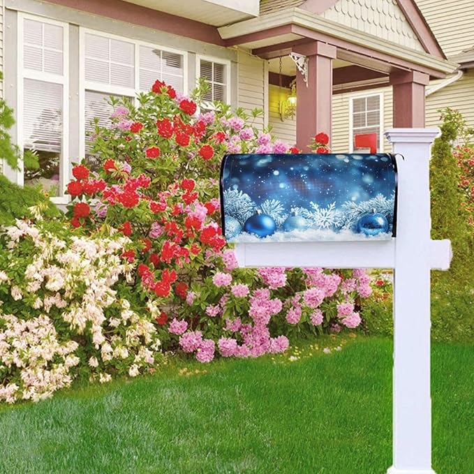 Festive Magnetic Mailbox Cover Blue Ball Snowflake Outdoor Mailbox Protector Holiday Seasonal Decorative Garden Yard Home Large Size 25.5 x 21 Inch