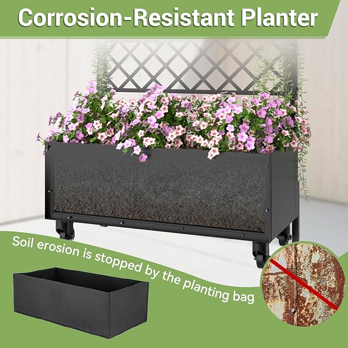 Metal Planter Box with Trellis Privacy Screen, 67"x41"x16" Raised Garden Bed with Trellis, Privacy Planter Boxes, with Planting Bag & Lockable Casters for Climbing Plants,Vegetables,and Vines