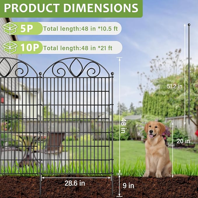 8 Panels No Dig Tall Garden Fence Panel – 48" H X 21' L Rustproof Metal Dog Fence Outdoor for Yard, Decorative Animal Barrier Fence for Pet, Garden Border, Patio, Flower Beds| Temporary Fencing
