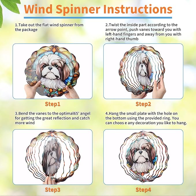 Shih Tzu Wind Spinners Outdoor - 3D Cute Dog for Women Men, Wind Spinner for Yard Patio Ornament Garden Decor, 12 Inch Hanging Kinetic Metal Wind Spinners Sculpture