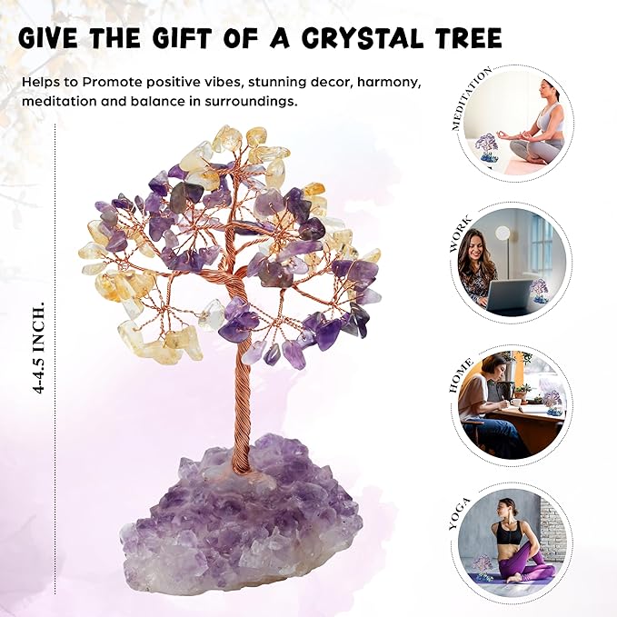 "Amethyst & Citrine Crystal Tree with Cluster Base Tree of Life Decor for Shelf, Bedroom, Birthday Gifts for Women, Sister Gift, Birthday Gifts for Mom, Cute Home Office Decor Housewarming present"