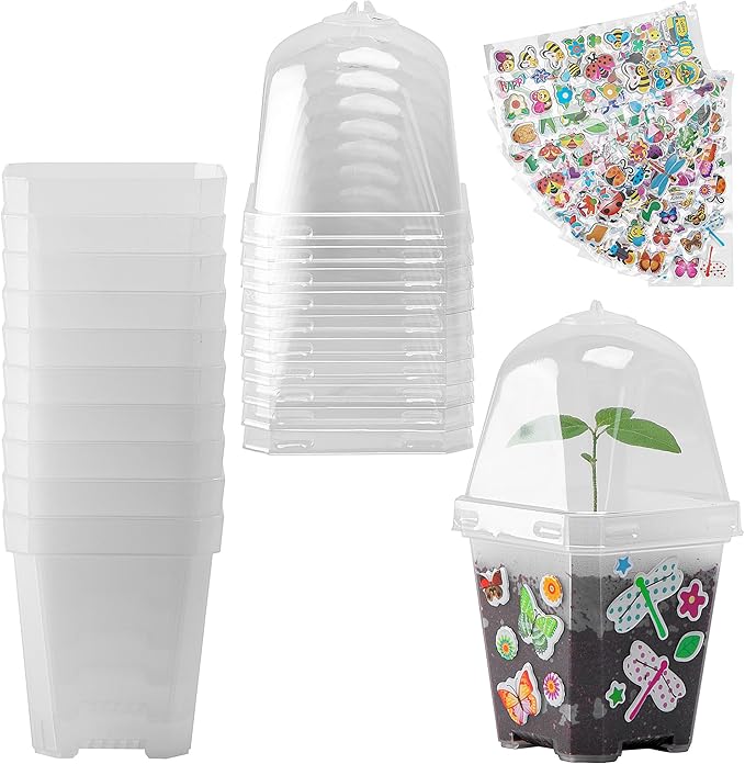 EBaokuup 10 Pcs Clear Plant Nursery Pots with Humidity Dome-3" Reusable Plastic Gardening Pot with Printed Labels-Small Seed Starting Pots for Seedlings,Vegetables,Succulents,Cuttings